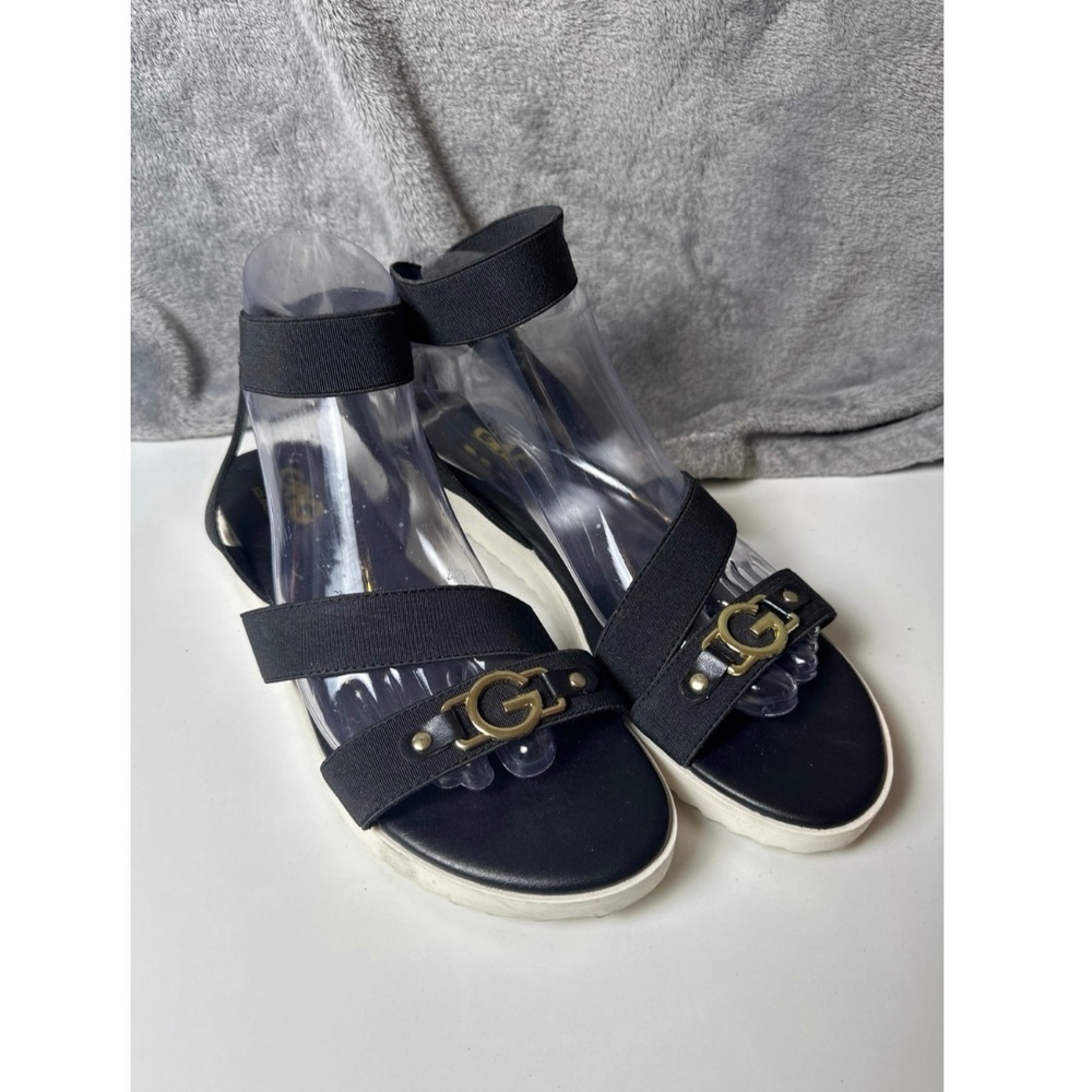 G by Guess GBG Black Elastic Ankle Strap Sandals Wedges Gold Logo Accent 8.5
